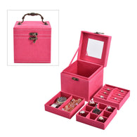 Velvet Three Layer Jewelry Box with Mirror, Handle and Lock In ROSE RED