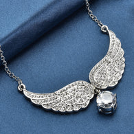 White Rhinestone Austrian Crystal Angel Wings Necklace 20.5-22.5 Inches in Silvertone