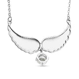 White Rhinestone Austrian Crystal Angel Wings Necklace 20.5-22.5 Inches in Silvertone