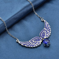 Blue Rhinestone Austrian Crystal Angel Wings Necklace 20.5-22.5 Inches in Silvertone