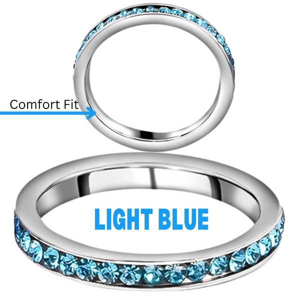 LIGHT BLUE Stainless Steel Metal Austrian Crystal Eternity Band Stackable Ring