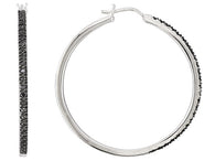 Rhodium over Sterling Silver Black Diamond 1 1/2 Hoop Earrings