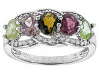 Rhodium over Sterling Silver 5 Stone Multi ColorTOURMALINE & White ZIRCON Ring