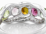 Rhodium over Sterling Silver 5 Stone Multi ColorTOURMALINE & White ZIRCON Ring