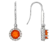 Sterling Silver Orange Opal and White Zircon Halo Dangle Fishhook Back Earrings