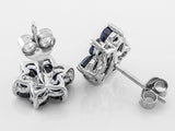 Rhodium over Sterling Silver Blue SAPPHIRE & Diamond Flower Stud Earrings