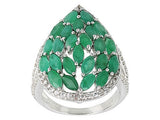 Rhodium Sterling Silver EMERALD and White Zircon Teardrop Cluster Ring