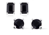 Set of 2 Sterling Silver Octagon & Round Black Sapphire Stud Earrings