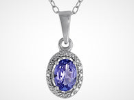 Rhodium/Sterling Silver TANZANITE & Diamond Accent Halo Pendant and 18" Chain