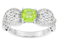 Rhodium/Sterling Silver Cushion PERIDOT & ZIRCON Open Work Bow Ring