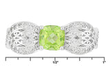 Rhodium/Sterling Silver Cushion PERIDOT & ZIRCON Open Work Bow Ring