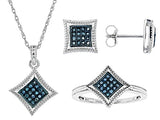 Rhodium/Sterling Silver Blue DIAMOND Set of Earrings, Pendant, Chain and Ring (size 6)