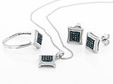 Rhodium/Sterling Silver Blue DIAMOND Set of Earrings, Pendant, Chain and Ring (size 6)