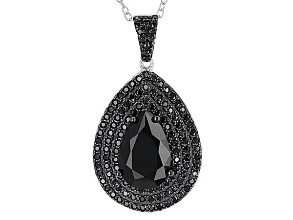 Rhodium over Sterling Silver BLACK SPINEL Pear & Micro Pave Cluster Pendant & Chain