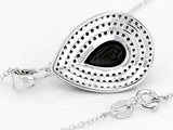 Rhodium over Sterling Silver BLACK SPINEL Pear & Micro Pave Cluster Pendant & Chain