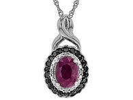 Rhodium/Sterling Silver Burma RUBY & White/Black Diamond Accents Halo Pendant & Chain