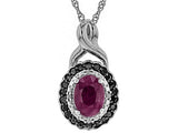 Rhodium/Sterling Silver Burma RUBY & White/Black Diamond Accents Halo Pendant & Chain