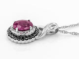 Rhodium/Sterling Silver Burma RUBY & White/Black Diamond Accents Halo Pendant & Chain