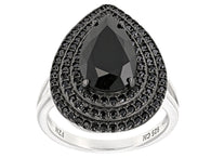 Rhodium over Sterling Silver BLACK SPINEL Pear & Micro Pave Cluster Ring