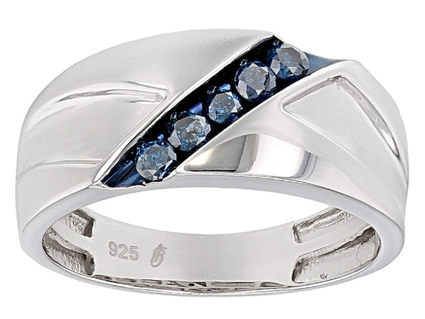 Rhodium/Sterling Silver Channel Set Blue DIAMOND Band Ring Unisex