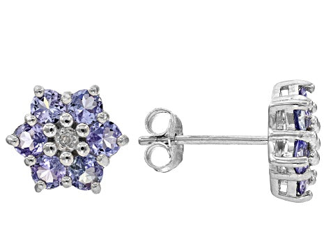 Rhodium over Sterling Silver TANZANITE & DIAMOND Flower Earrings