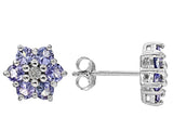 Rhodium over Sterling Silver TANZANITE & DIAMOND Flower Earrings