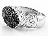 Rhodium over Sterling Silver Thai BLACK SPINEL Micro Pave Cluster East/West Ring