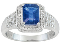 Rhodium over Sterling Silver Blue SAPPHIRE and White Topaz Halo Ring