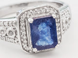 Rhodium over Sterling Silver Blue SAPPHIRE and White Topaz Halo Ring