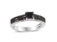 Platinum over Sterling Silver Square Princess Cut BLACK DIAMOND Band Ring