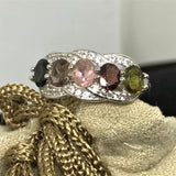 Rhodium over Sterling Silver 5 Stone Multi ColorTOURMALINE & White ZIRCON Ring