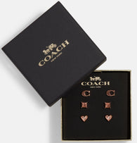 COACH - Rose Gold Plated Signature And Pave Heart Stud Earrings Set of 3