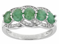 Rhodium over Sterling Silver 5 Stone EMERALD and White Zircon Ring